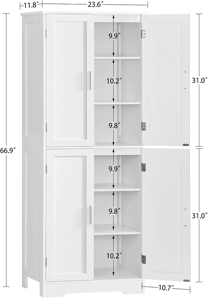 67” Storage Cabinet, Kitchen Pantry Cabinet with 4 Doors and 2 Adjustable Shelves, Cupboard, Tall Bathroom Cabinets for Dining Room, Living Room, White