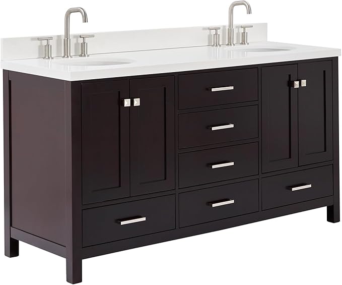ARIEL Cambridge 66-inch Bathroom Vanity with Sink,Solid Wood, 1.5-inch Pure White Quartz Countertop & Backsplash, Double Oval Porcelain Sink, 4 Soft Closing Doors, 6 Dovetail Drawers, Espresso
