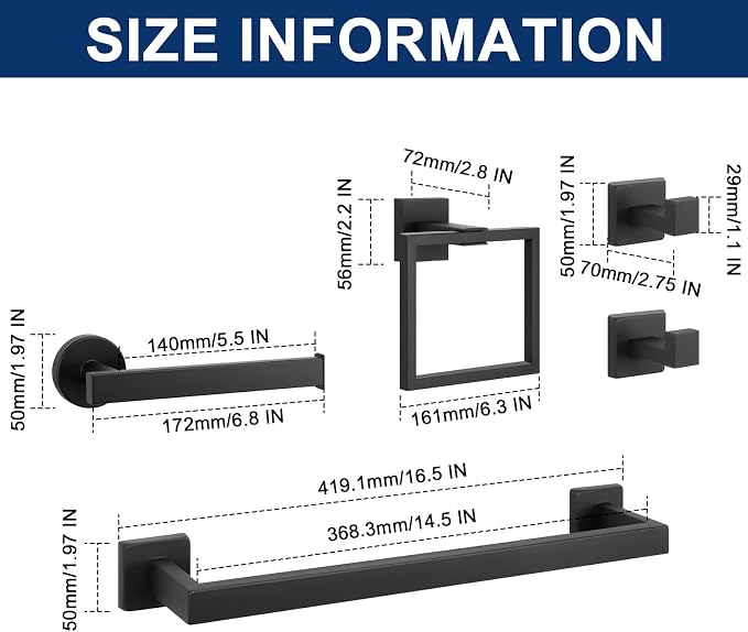 NearMoon 5 Pieces Bathroom Hardware Set 304 Stainless Steel - Square Towel Rack Set Include 16" Towel Rod + Towel Ring + Toilet Paper Holder + 2 Robe Towel Hooks Bathroom Accessories (Matte Black)