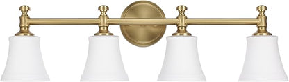 Bathroom Vanity Light Fixtures, Traditional Aged Brass 4 Lights Wall Sconce Lighting with Opal Glass Shade, Porch Wall Mount Light Fixture for Bathroom, Mirror Cabinets Hallway Stairs