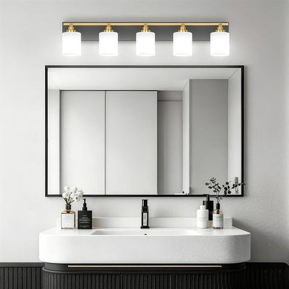 Black and Gold Bathroom Light Fixture, Modern 5 Light Vanity Lights for Bathroom Lighting Fixtures Over Mirror, White Glass Lampshade, Master & Guest bathrooms Bathroom Remodel, 35.4-inch