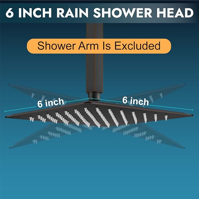 Midanya Square Rain Shower Head,High Pressure,Oil Rubbed Bronze 6 Inch | 360°Swivel,Ceiling or Wall Mount,Waterfall Full Body Coverage,Bathroom Remodel,Stainless Steel Large Rainfall Shower Head