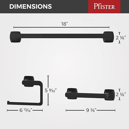 Pfister Vaneri 3-Piece Bathroom Hardware Set with Towel Bar, Towel Ring, and Toilet Paper Holder, Wall-Mounted, Matte Black Finish, BTBVRI3B