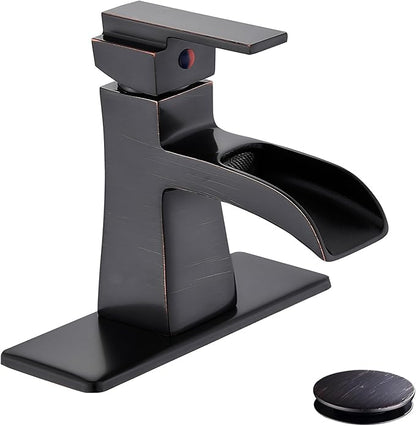 Oil-Rubbed Bronze Waterfall Bathroom Faucet, Sanliv Single Handle Centerset Bathroom Sink Faucet with Pop-Up Drain & Deck Plate for 1 or 3-Hole (4 inch) Installation, Bronze Vanity Faucet, ORB