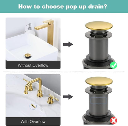 Bathroom Sink Drain Without Overflow, ARCORA Brushed Gold Pop Up Drain for Vessel Sink Clicker Drain Stopper