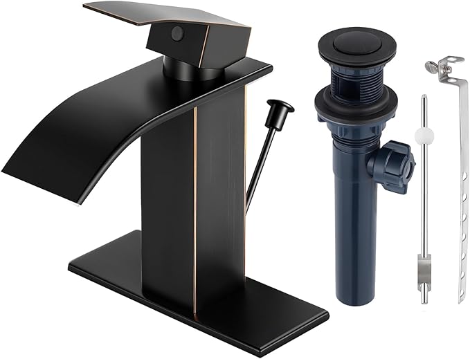 ORB Bathroom Faucet with Lift Rod Drain, Waterfall Bathroom Sink Faucet Modern Single Handle Bathroom Faucte 1 or 3 Hole, RV Mixer Tap Vanity Faucet Washbasin Faucet with Deck