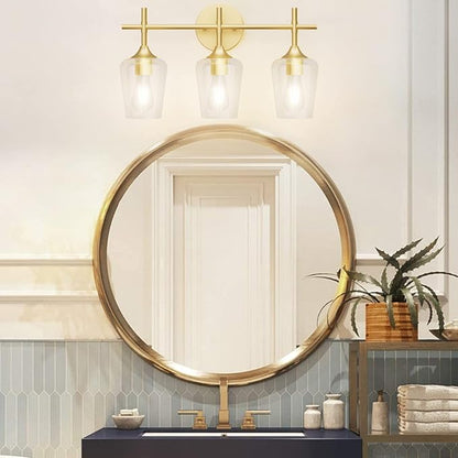 Ralbay Gold Bathroom Vanity Light 3-Lights Vintage Gold Vanity Lights Wall Lighting Clear Glass Gold Bathroom Light Fixtures Over Mirror