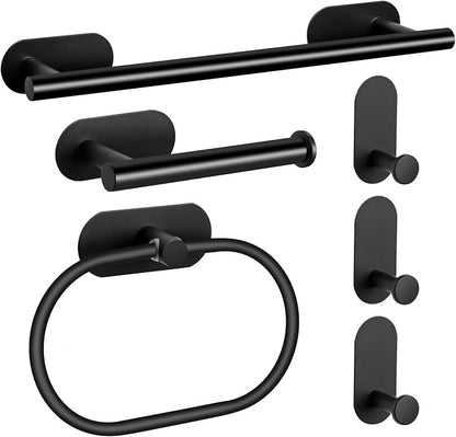 JiGiU Self Adhesive Towel Bar, Wall Mount No Drill Bathroom Hardware Set | With 16" Bath Towel Bar,Toilet Paper Holder Towel Ring & 3-Pack Towel Hooks Stainless Steel Sticky on Towel Holder Kit-Black