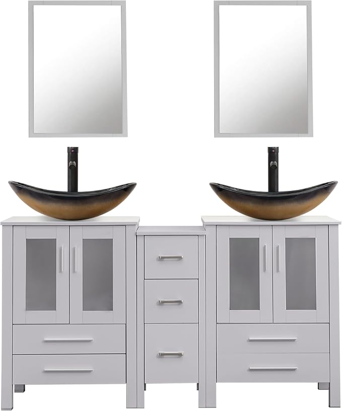 60" Double Sink Bathroom Vanity,Grey Bathroom Vanity with Double Side Vanity Cabinets & Removable 3 Drawer Storage Cabinet with Modern Vessel Sink,Mirror Not Included(029CH)
