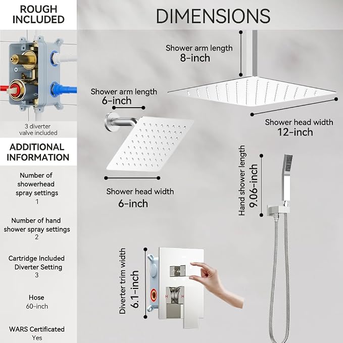 Shower System Shower Faucet Set, STARBATH 12"+6" Ceiling Mount Rain Shower Head and Handheld Spray for Two Person, Rainfall Shower System with Diverter Valve and Trim Kit Complete,Chrome