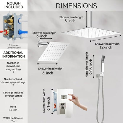 Shower System Shower Faucet Set, STARBATH 12"+6" Ceiling Mount Rain Shower Head and Handheld Spray for Two Person, Rainfall Shower System with Diverter Valve and Trim Kit Complete,Chrome