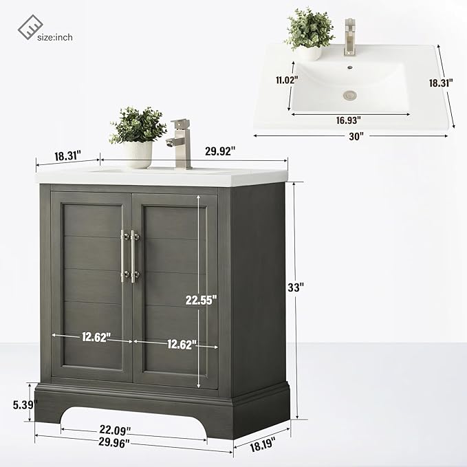 HOMEBEYOND 30 Inch Bathroom Vanity with Single Sink & Ceramic Top, Vanity Cabinet with Center Countertop Basin, Soft-Closing Doors,Sliver Grey