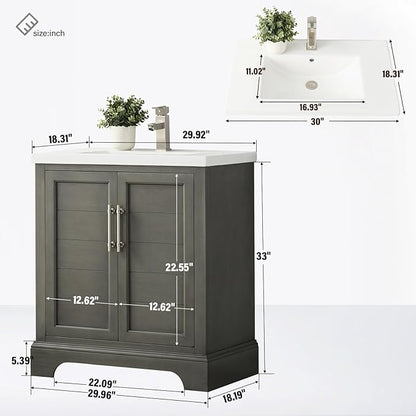 HOMEBEYOND 30 Inch Bathroom Vanity with Single Sink & Ceramic Top, Vanity Cabinet with Center Countertop Basin, Soft-Closing Doors,Sliver Grey