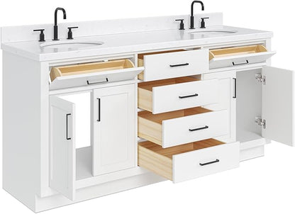 ARIEL Hepburn 72-inch Bathroom Vanity with Sink,Solid Wood, 1.5-inch Carrara White Quartz Countertop & Backsplash, Double Oval Porcelain Sink, 4 Soft Closing Doors, 6 Dovetail Drawers, White