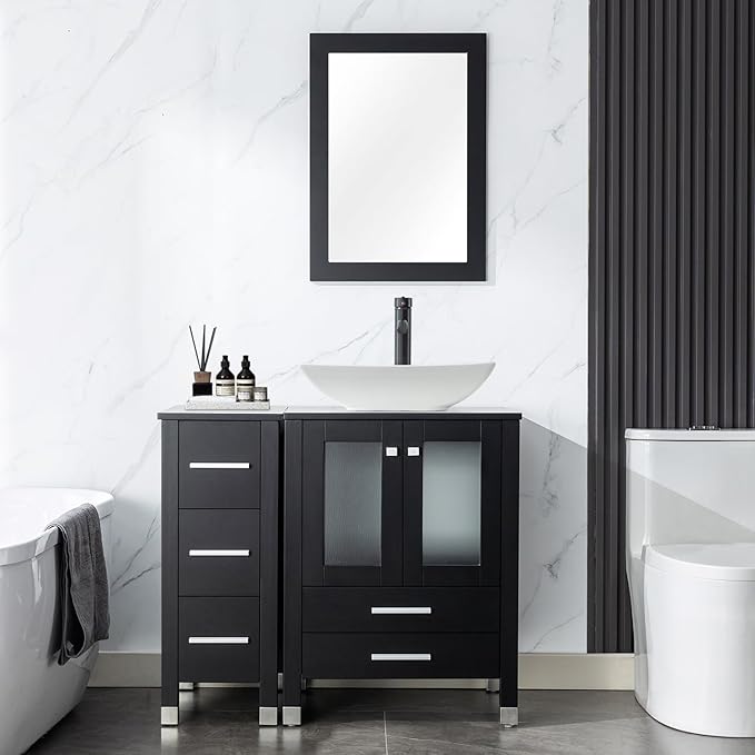 LUCKWIND 36" Bathroom Vanity Combo with Sink, 24"+12.6" Width, Painted Bathroom Storage Cabinet with 5 Drawers, Including Curved Rectangle Sink Without Mirror, Black