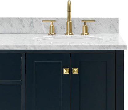 ARIEL Cambridge 66-inch Bathroom Vanity with Sink,Solid Wood, 0.75-inch Italian Carrara Marble Countertop, Double Oval Porcelain Sink, 4 Soft Closing Doors, 6 Dovetail Drawers, Midnight Blue