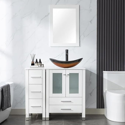 LUCKWIND 36" Bathroom Vanity with Sink Combo, 24-inch Main Cabinet with 12.6-inch Side Cabinet, Painted Bathroom Storage Cabinet with 5 Drawers, Including Brown Boat Sink Without Mirror, White