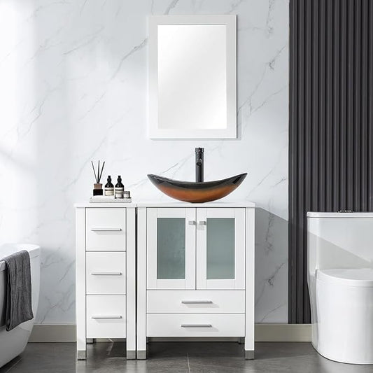 LUCKWIND 36" Bathroom Vanity with Sink Combo, 24-inch Main Cabinet with 12.6-inch Side Cabinet, Painted Bathroom Storage Cabinet with 5 Drawers, Including Brown Boat Sink Without Mirror, White