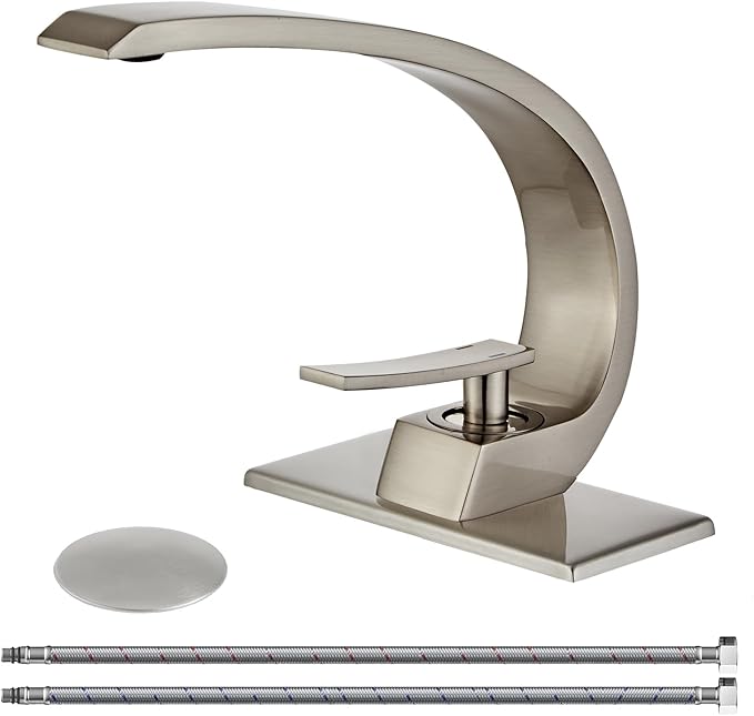 Wovier Brushed Nickel Bathroom Sink Faucet,Unique Design Single Handle Single Hole Brass Lavatory Vanity Faucet,Basin Mixer Tap with Supply Hose and Pop Up Drain Assembly