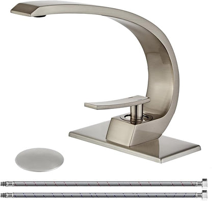 Wovier Brushed Nickel Bathroom Sink Faucet,Unique Design Single Handle Single Hole Brass Lavatory Vanity Faucet,Basin Mixer Tap with Supply Hose and Pop Up Drain Assembly