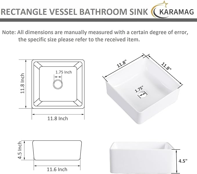 Vessel Sink Rectangular 12 Inch Bathroom Sink Square Small Sinks 11.8"x11.8" Modern Above Counter Porcelain Ceramic Vessel Vanity Sink Art Basin