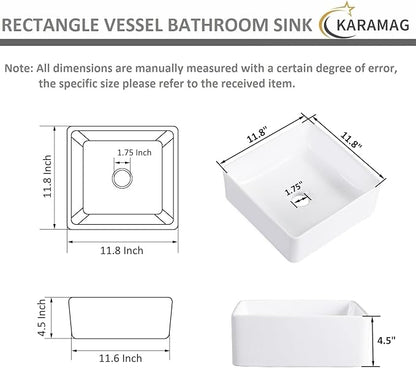 Vessel Sink Rectangular 12 Inch Bathroom Sink Square Small Sinks 11.8"x11.8" Modern Above Counter Porcelain Ceramic Vessel Vanity Sink Art Basin