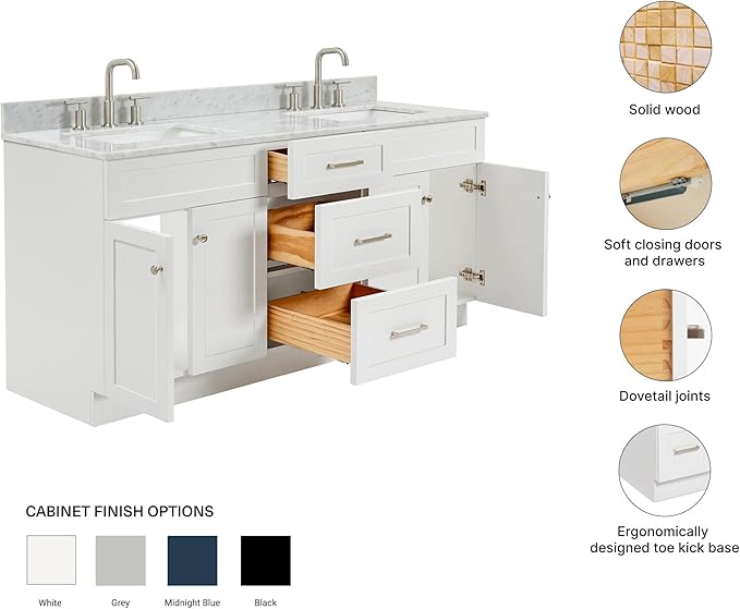 ARIEL Hamlet 72-inch Bathroom Vanity with Sink,Solid Wood, 0.75-inch Italian Carrara Marble Countertop & Backsplash, Double Oval Sink, 4 Soft Closing Doors, 3 Dovetail Drawers, White