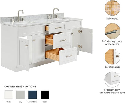 ARIEL Hamlet 72-inch Bathroom Vanity with Sink,Solid Wood, 0.75-inch Italian Carrara Marble Countertop & Backsplash, Double Oval Sink, 4 Soft Closing Doors, 3 Dovetail Drawers, White