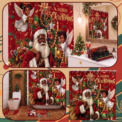 FuWeave 8 Pcs Merry Christmas Shower Curtain Set, Black Santa Angel Xmas Tree Red Plaid Farmhouse Bathroom Decor, Non-Slip Bath Rug, U Contour Mat, Toilet Lid Cover, Hand Towels & 12 Hooks