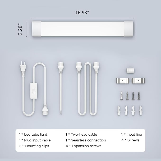 Under Cabinet Lighting 1.4FT LED Light Bar 5000K | 16W 1800LM Linkable Plug in Ceiling Light for Room Office Garage Shop Bathroom Workbench, IP66 Waterproof