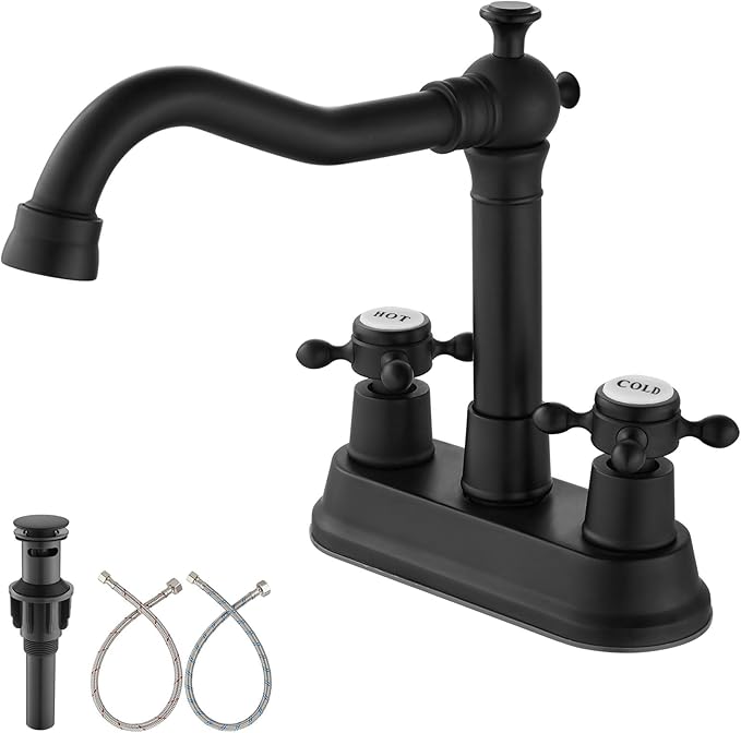 Aolemi 4 Inch Centerset Bathroom Sink Faucet Vintage 2 Cross Handle RV Mixer Tap Basin Vanity Lavatory Utility for Sink 3 Hole Include Hoses Pop Up Drain Faucet Handle with Label Matte Black