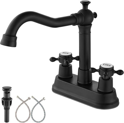 Aolemi 4 Inch Centerset Bathroom Sink Faucet Vintage 2 Cross Handle RV Mixer Tap Basin Vanity Lavatory Utility for Sink 3 Hole Include Hoses Pop Up Drain Faucet Handle with Label Matte Black