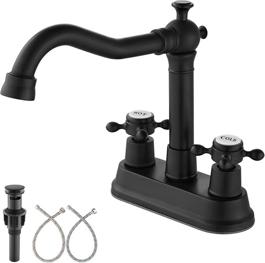 Aolemi 4 Inch Centerset Bathroom Sink Faucet Vintage 2 Cross Handle RV Mixer Tap Basin Vanity Lavatory Utility for Sink 3 Hole Include Hoses Pop Up Drain Faucet Handle with Label Matte Black