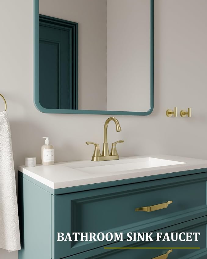 Brushed Gold Bathroom Faucet 3 Hole 4 Inch Bathroom Sink Faucets | Stainless Steel 2 Handle Centerset Faucet for Bathroom Sink Vanity with Pop Up Drain and 4 Supply Hoses by Evolvegoods