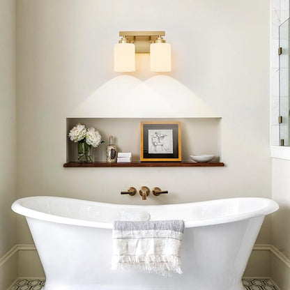 Bathroom Light Fixtures, Vanity Light Over Mirror Gold 2-Light Fixture | Modern bathroom vanity light fixture with metal frame, ideal for mirrors, bedrooms and hallways. Fits E26 bulbs.