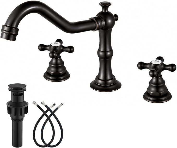 gotonovo Bathroom Faucet 3 Hole Vintage,Oil Rubbed Bronze,Script Font Label | Widespread Bathroom Sink Faucet 8 Inch 2 Cross Handles,Pop Up Drain,cUPC Supply Line,4-15.7” Install,for Vanity Farmhouse RV