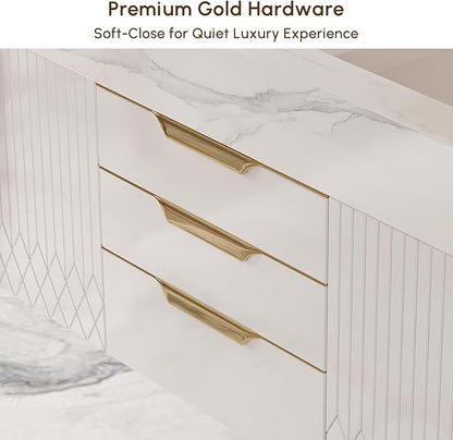 Bathroom Vanity with Sink, Modern Bathroom Vanity with Faux Marble Top, Gold Hardware & Soft-Close Drawers for Bathroom Storage (59.1 Inch, White, Double Sink & Freestanding)