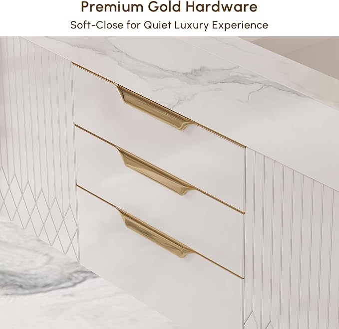 Bathroom Vanity with Sink, Modern Bathroom Vanity with Faux Marble Top, Gold Hardware & Soft-Close Drawers for Bathroom Storage (59.1 Inch, White, Double Sink & Floating)