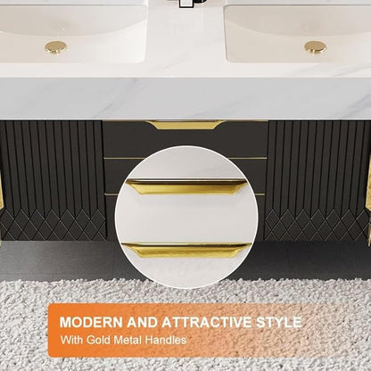 KunMai 59" Black Floating Bathroom Vanity with Faux Marble Top, Double Ceramic Vessel Sinks, Wall-Mounted Design, 3 Drawers for Storage, Modern Bathroom Cabinet with Gold Hardware Finish