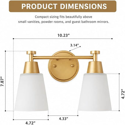 2 Light BathroomVanity Lights, Brushed Gold Wall Sconce Light with Frosted Glass, Bathroom Over Mirror Light Fixtures for Living Room, Bedroom, Hallway