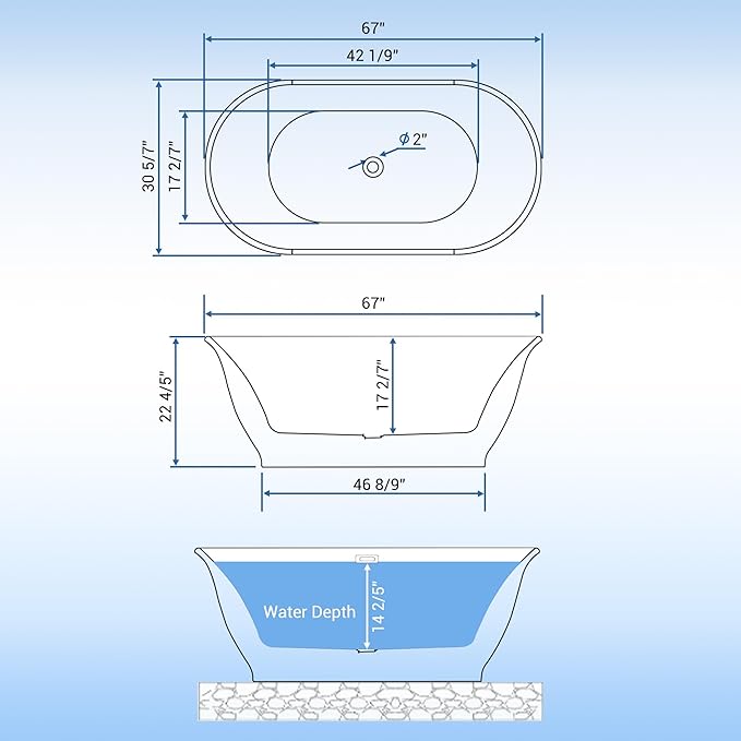 67" Oval Freestanding Bathtub, Acrylic Soaking Tub with Overflow, Matte Silver Drain, Modern Stand Alone Tub, Deep Free Standing Bath Tub for Bathroom, Hotel, Easy Install, CUPC Certified, White