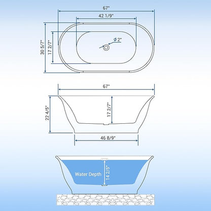 67" Oval Freestanding Bathtub, Acrylic Soaking Tub with Overflow, Matte Silver Drain, Modern Stand Alone Tub, Deep Free Standing Bath Tub for Bathroom, Hotel, Easy Install, CUPC Certified, White