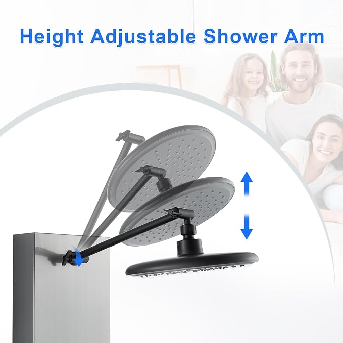 POPFLY Shower Panel Tower System with 8-inch Rainfall Shower and Shelf | Adjustable Shower Arm Height Rainfall Head, 6 Body Jets and 5-Setting Handheld Shower, Brushed Nickel, Stainless Steel