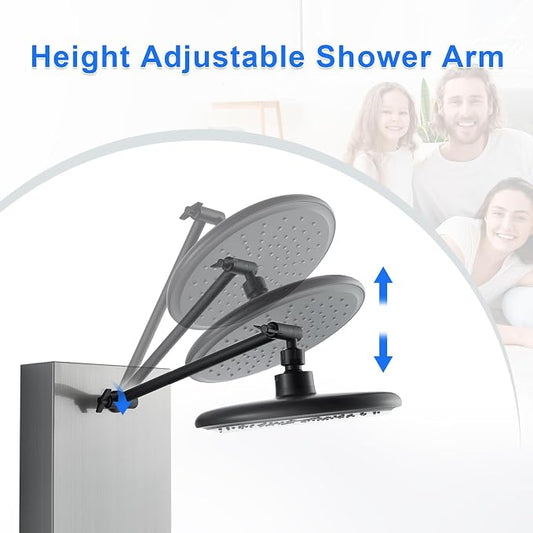 POPFLY Shower Panel Tower System with 8-inch Rainfall Shower and Shelf | Adjustable Shower Arm Height Rainfall Head, 6 Body Jets and 5-Setting Handheld Shower, Brushed Nickel, Stainless Steel