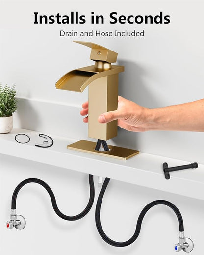 Waterfall Bathroom Faucet 1 Hole, Single Hole Bathroom Faucet, Single Handle Vanity Sink Faucet with Deck Plate, Pop-up Drain & Supply Lines, Gold