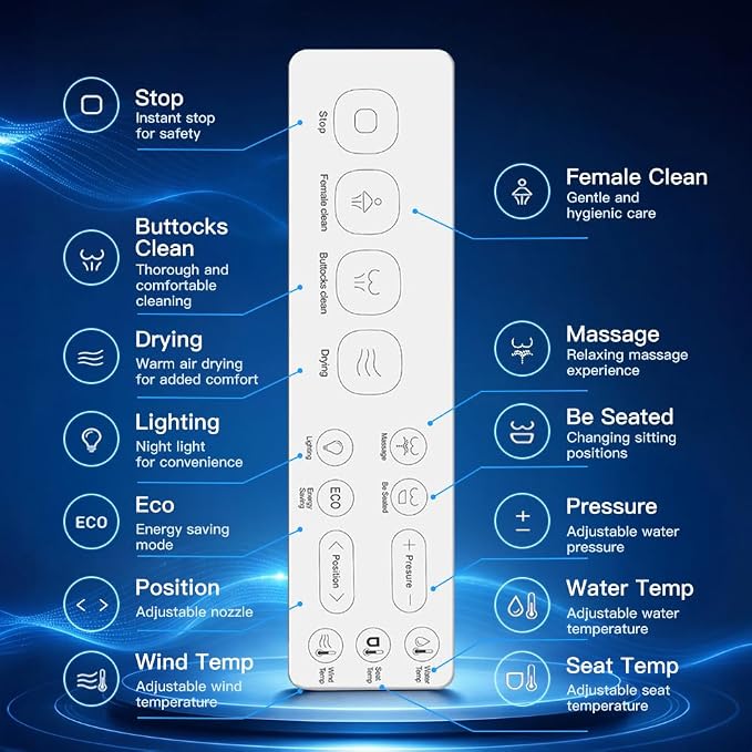 Electric Heated Bidet Toilet Seat with Adjustable Warm Water, Rear & Front Wash, Warm Air Dryer, Self-Cleaning Nozzle, Soft Close, Nightlight, Remote Control,Elongated