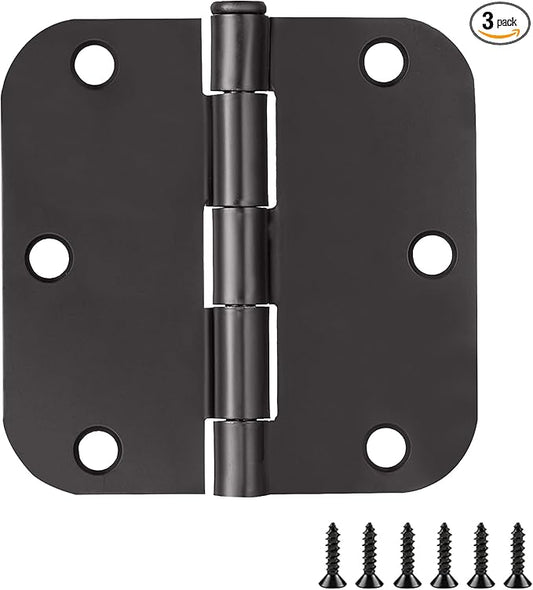 Design House Interior Door Hinges, 3.5 in. x 3.5 in., Rounded, 5/8-in. Radius, Steel, Pre-Lubricated, Door Hardware, Matte Black, 3-Pack, 188904
