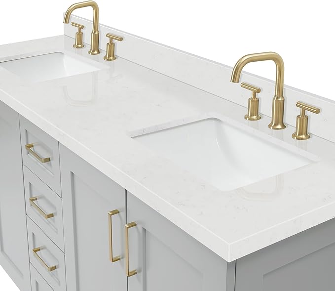 DKB Emilia 72 Inch Bathroom Vanity Double Sink — Grey Bathroom Vanity with Sink, 1.5" Edge Carrara White Quartz Countertop & Backsplash, 4 Soft-Close Doors, and 6 Dovetail Drawers