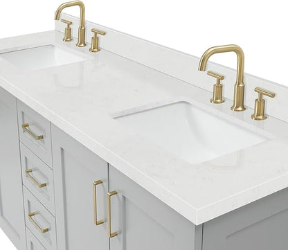 DKB Emilia 72 Inch Bathroom Vanity Double Sink — Grey Bathroom Vanity with Sink, 1.5" Edge Carrara White Quartz Countertop & Backsplash, 4 Soft-Close Doors, and 6 Dovetail Drawers