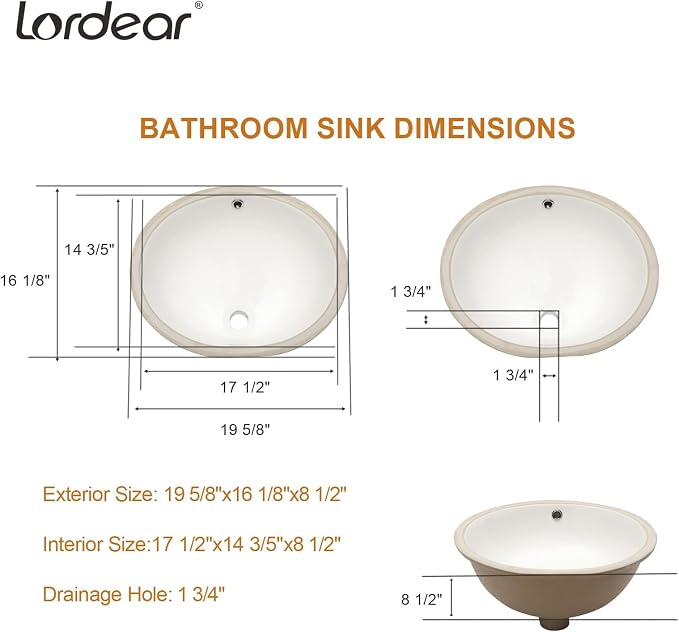 Lordear Undermount Bathroom Sink 19x16 Inch Bathroom Vanity Sink Undermount Round White Porcelain Ceramic Bathroom Under Counter Lavatory Vanity Sink Basin with Overflow